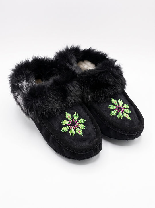 Black Moccasins with Beadwork (Size 7)