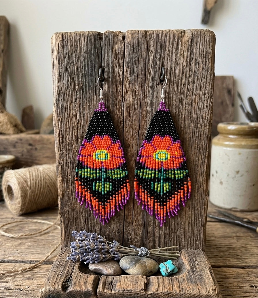 Flower Beaded Earrings ( Orange )