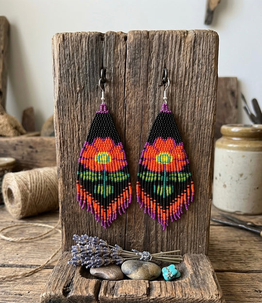 Flower Beaded Earrings ( Orange )