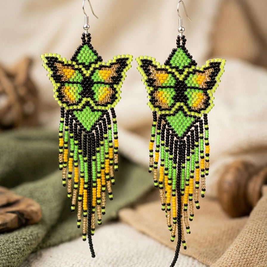 OLDTRIBES Green Beaded Dancing Wing Earrings