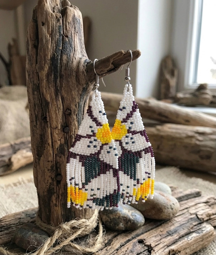 Flower Fringe Beaded Earrings (White)