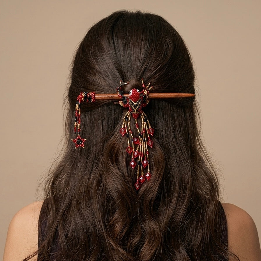 Red & Black Hummingbird Beaded Hair Stick