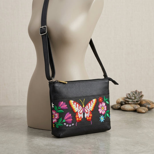 Butterfly Embroidered Leather Crossbody Bag