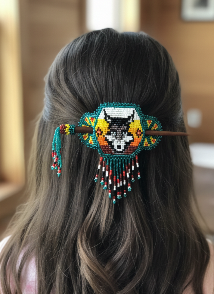 Wolf Fringed Beaded Barrette & Wooden Stick