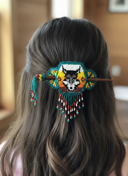 Wolf Fringed Beaded Barrette & Wooden Stick