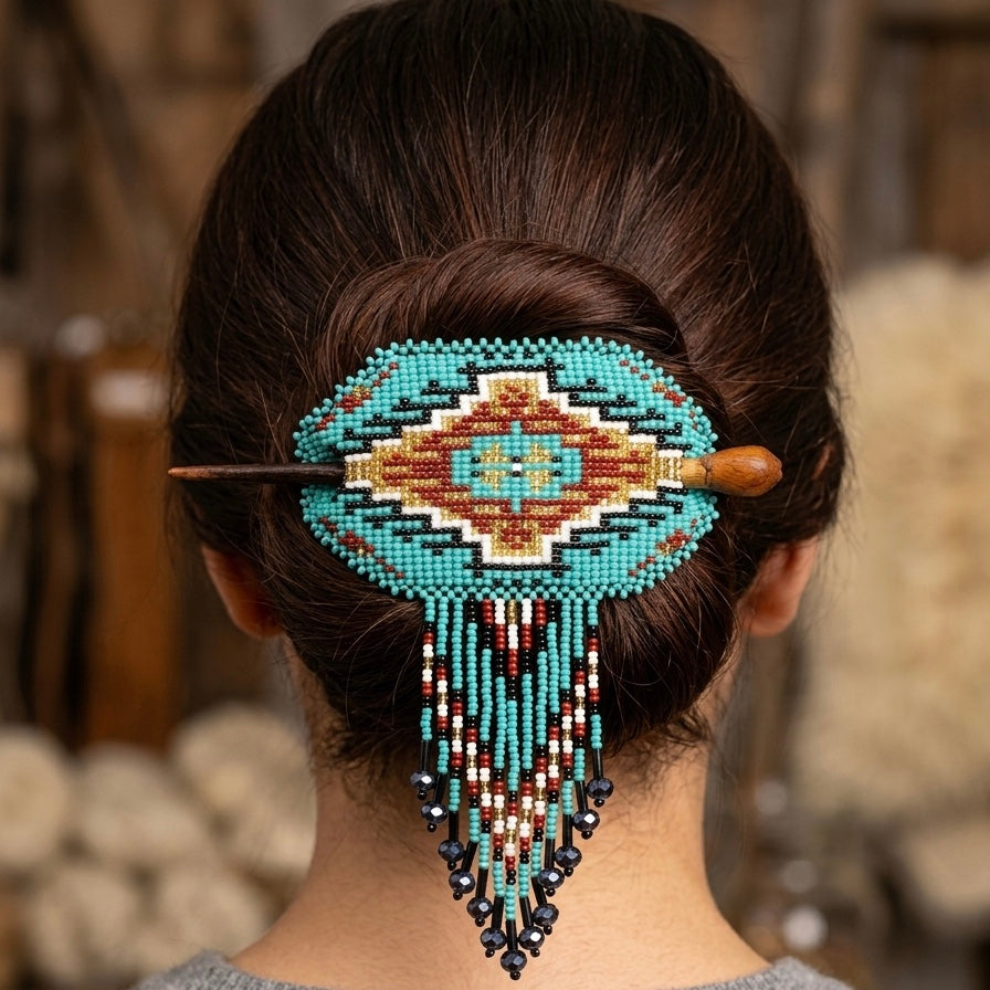 Wisdom Star Fringed Beaded Barrette &amp; Wooden Stick