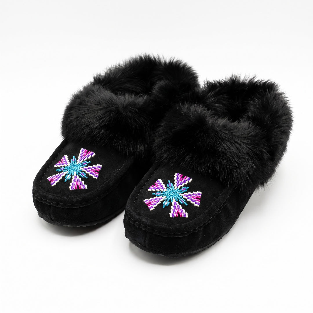 Black Moccasins with Beadwork (Size 10)