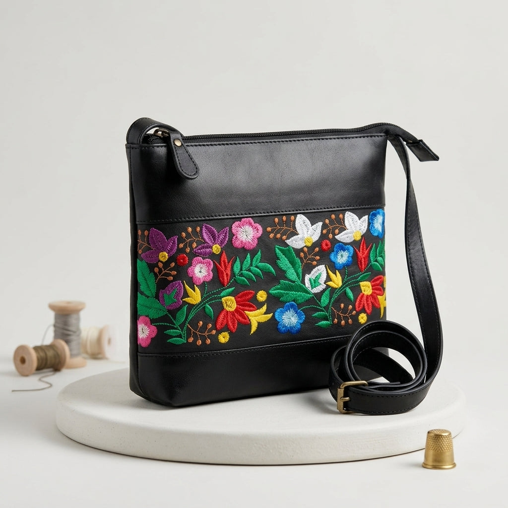 Windflower Embroidered Leather Crossbody Bag