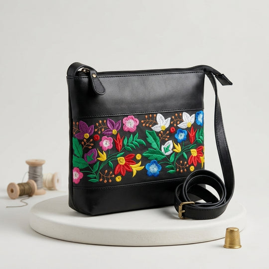 Windflower Embroidered Leather Crossbody Bag