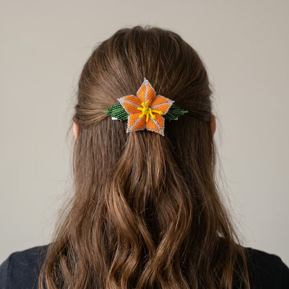 Orange Ember Bloom Beaded Hair Barrette