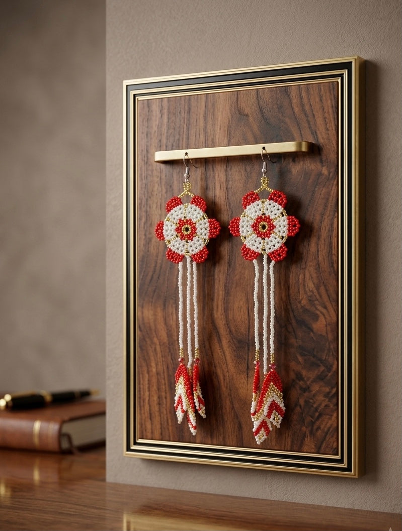 Sun Feather Bloom Beaded Earrings-red/white/gold