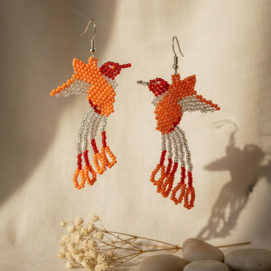 Handmade Beaded Hummingbird Earrings – orange /white