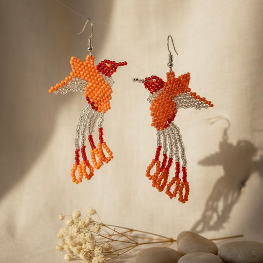 Handmade Beaded Hummingbird Earrings – orange /white