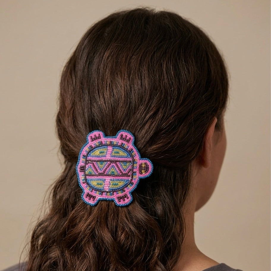 Beaded turtle Barrette pink accent