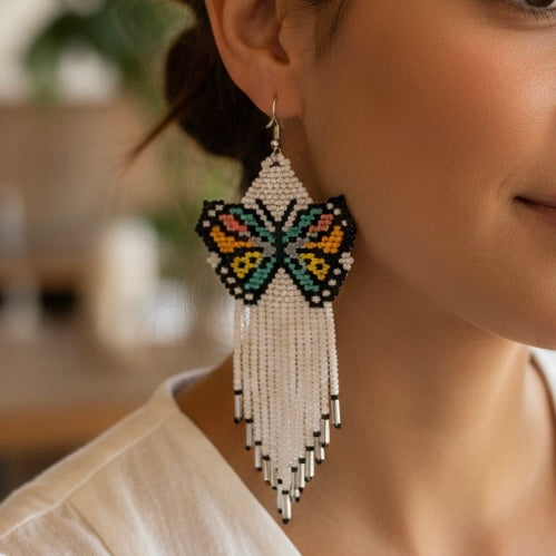 White Beaded Dancing Wing Earrings