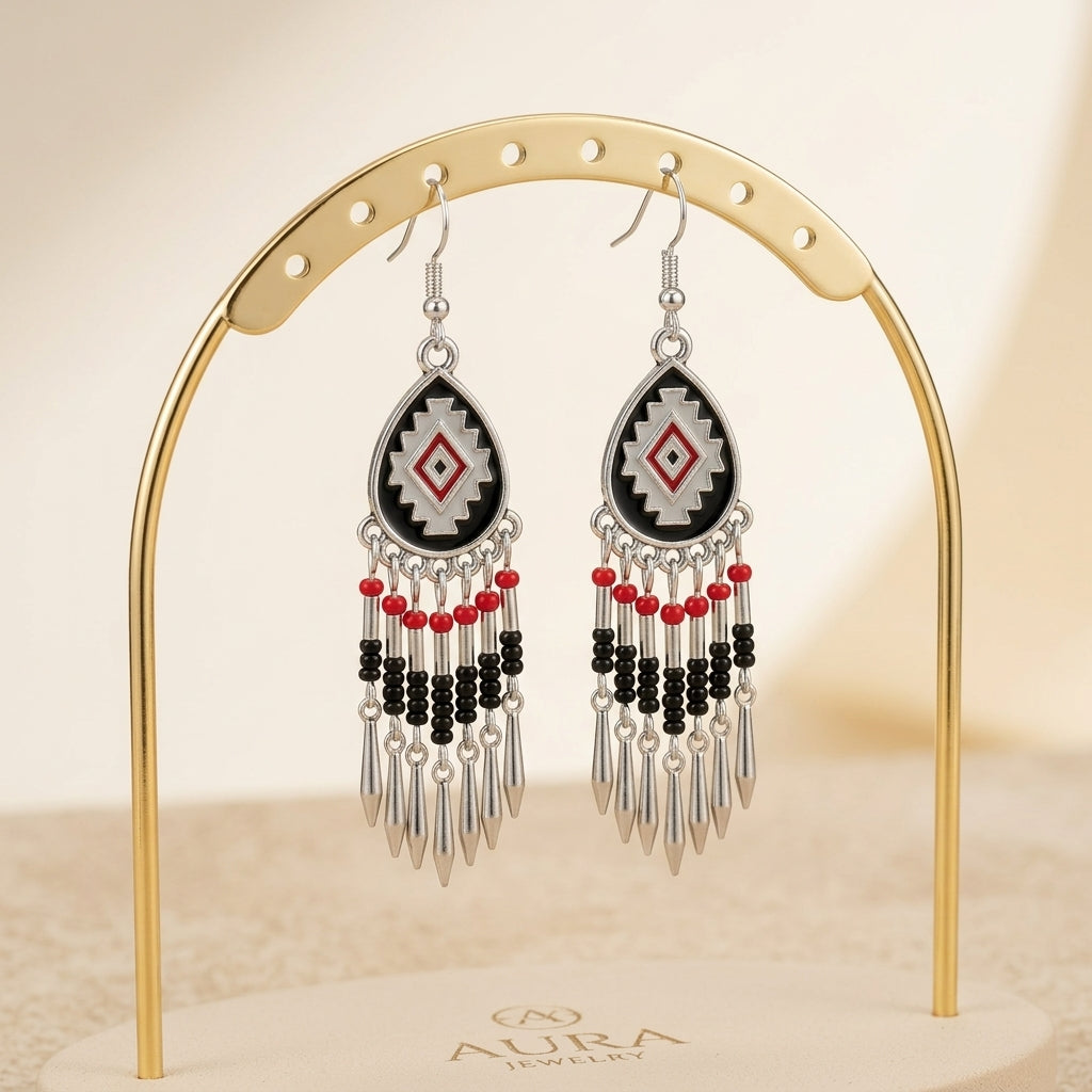 Southwestern Fringe Drop Earrings(Black)