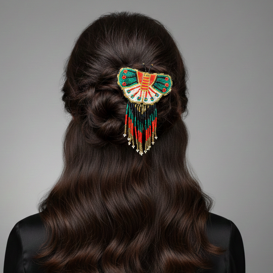 Butterfly Beaded Barrettes with Fringes Green & White