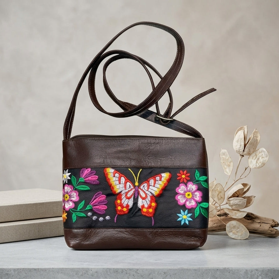 Butterfly Embroidered Leather Crossbody Bag