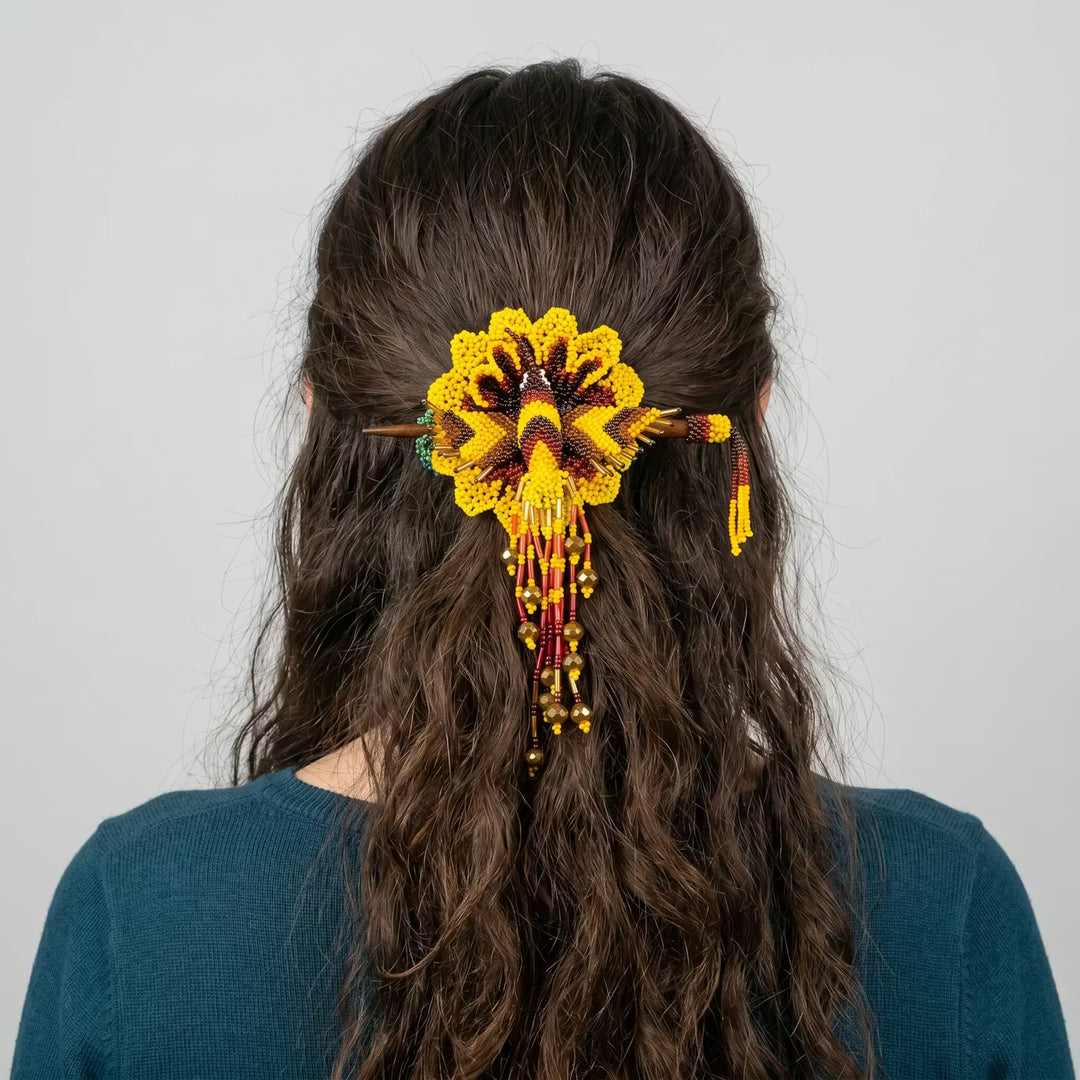 Maple Blossom Hummingbird Beaded Hair Stick Barrette Yellow