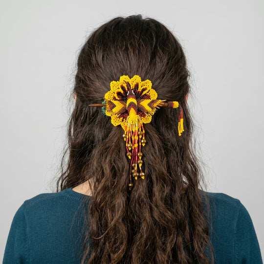 Maple Blossom Hummingbird Beaded Hair Stick Barrette Yellow
