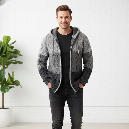 Grey and Black Cayambe Alpaca Cable Knit Sweater