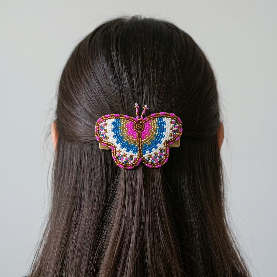 Pink Butterfly Beaded Barrette
