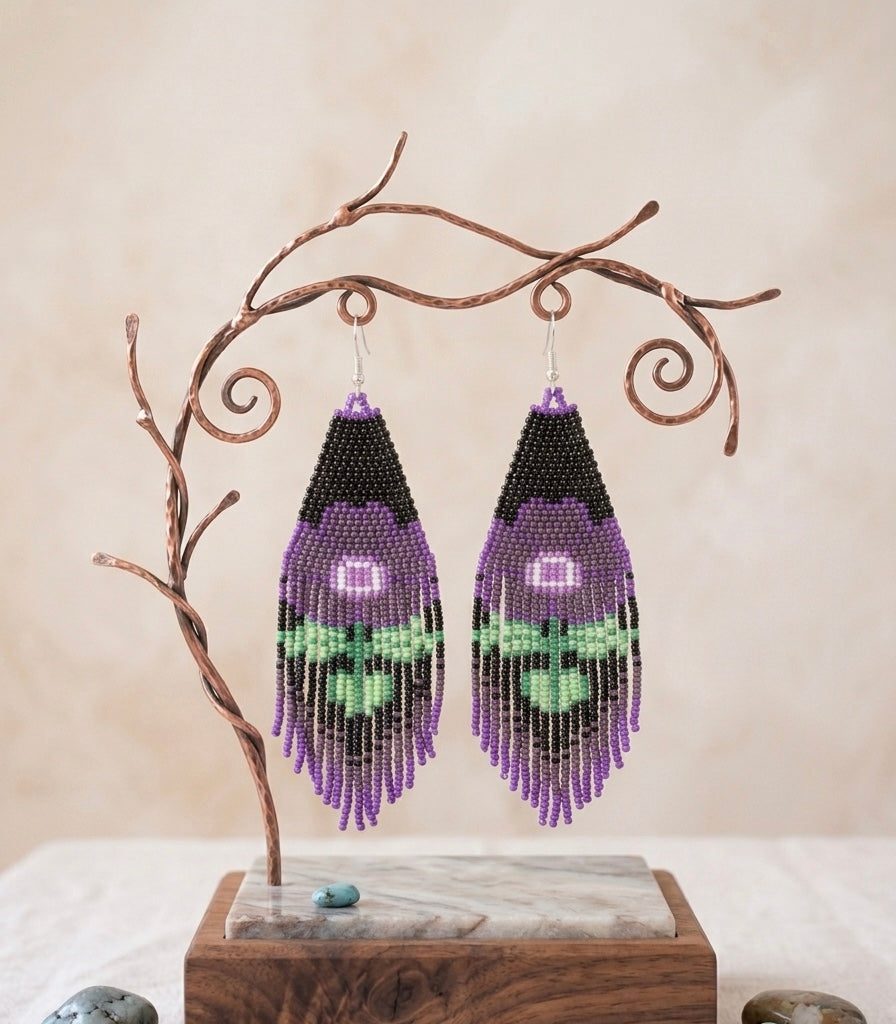 Flower Beaded Earrings ( Purple )