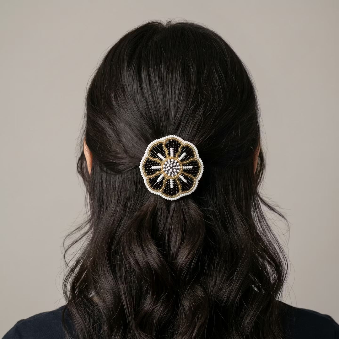 Golden Beaded Flower Barrette