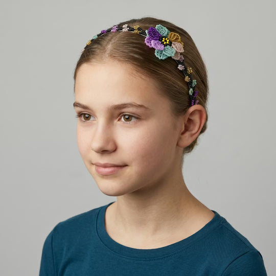 Beaded Headband with Flower Purple