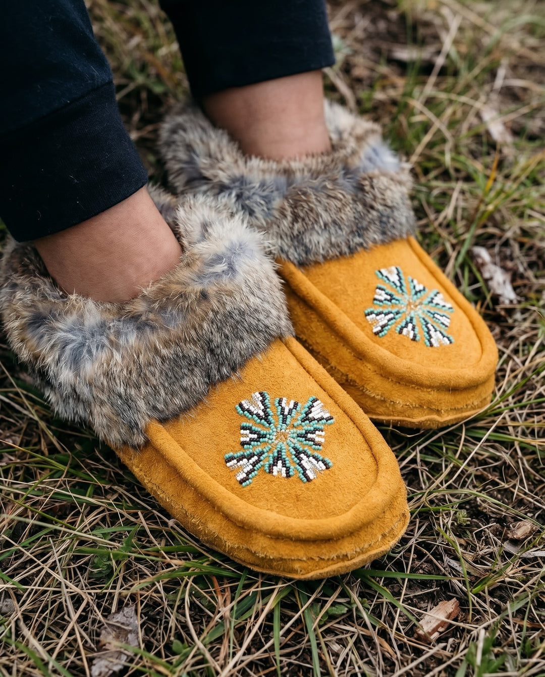 Yellow Moccasins with Beadwork (Size 10)