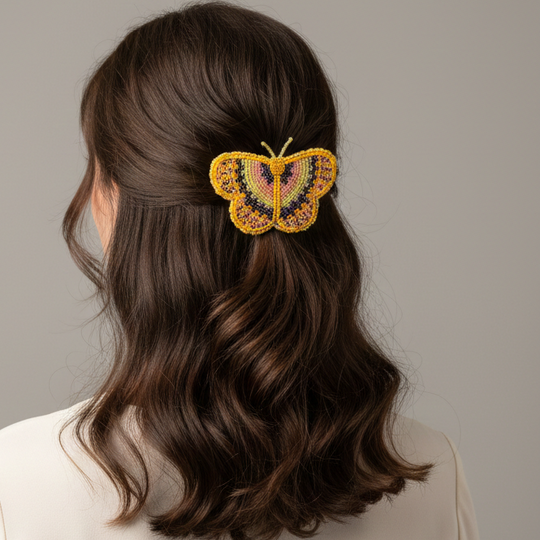 Yellow and purple Butterfly Beaded Barrette