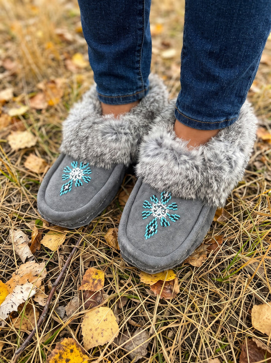 Grey Moccasins with Beadwork (Size 10)