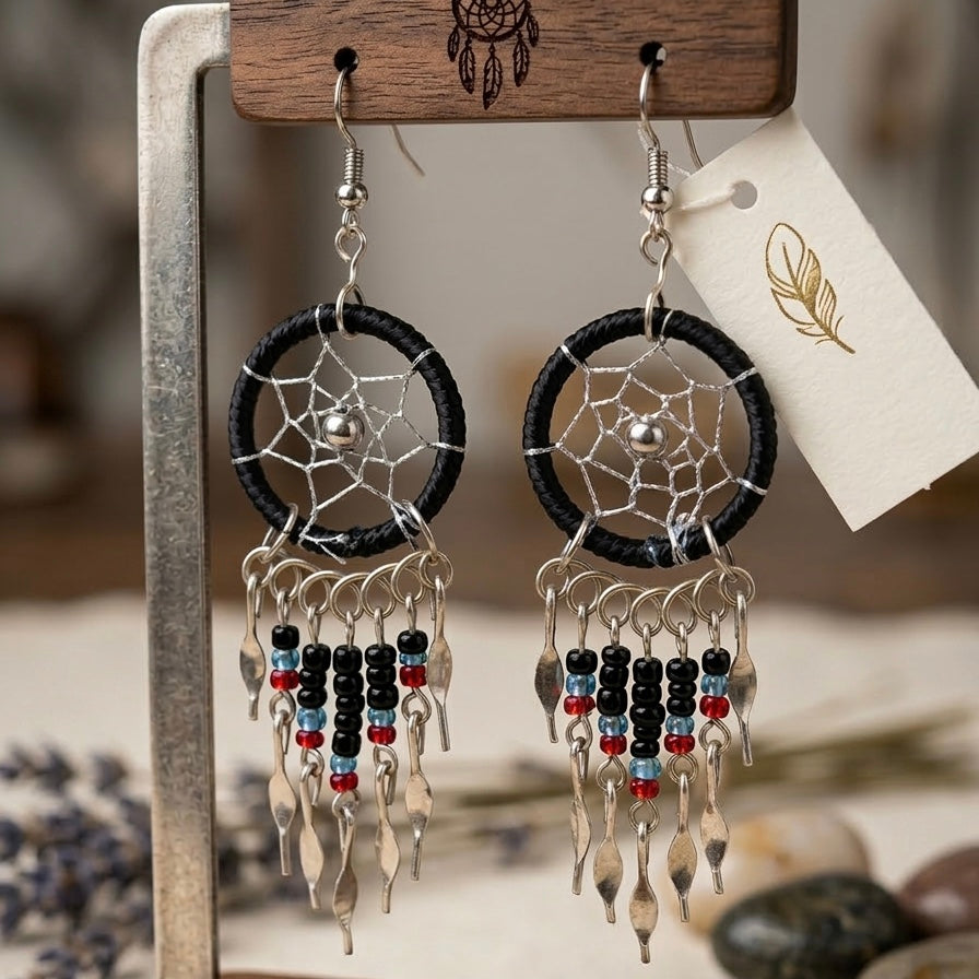 OLDTRIBES™ black beaded dream catcher earrings