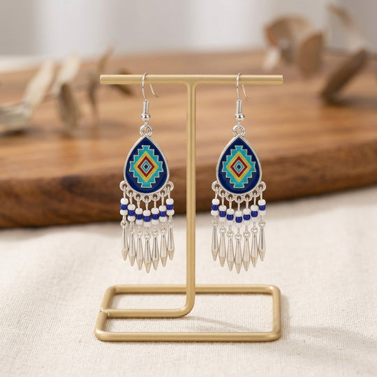 Southwestern Fringe Drop Earrings(Blue)