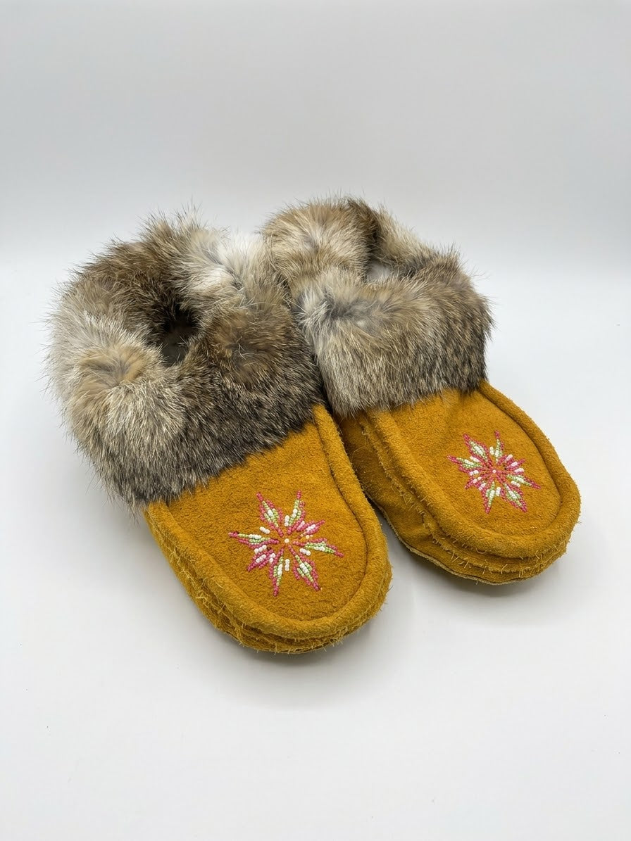 Yellow Moccasins with Beadwork (Size 7)