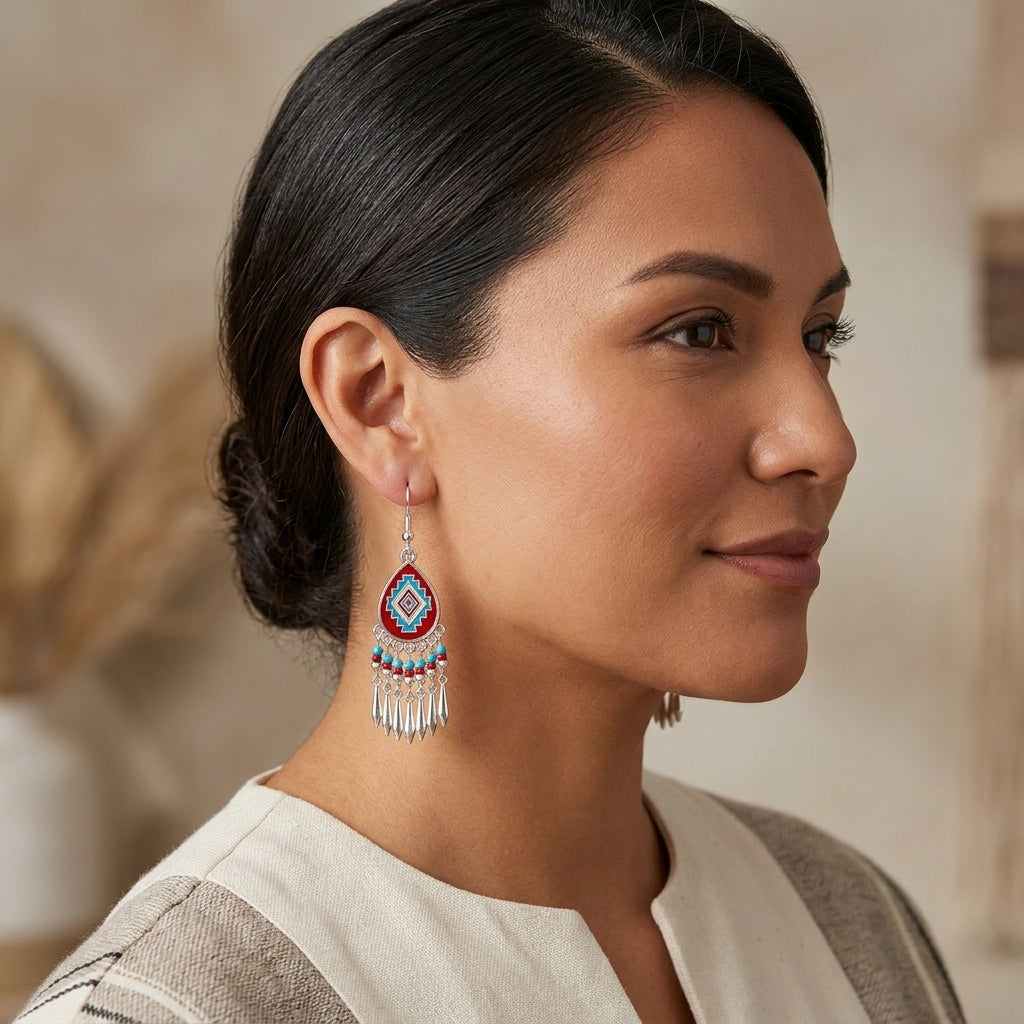 Southwestern Fringe Drop Earrings(Red)