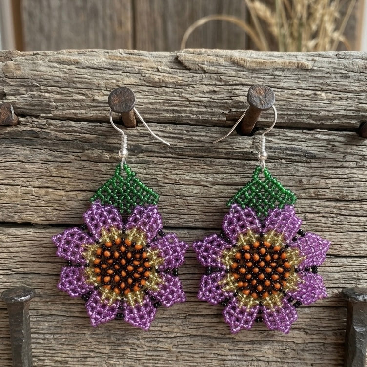 Sunflower Beaded Earrings (Purple)