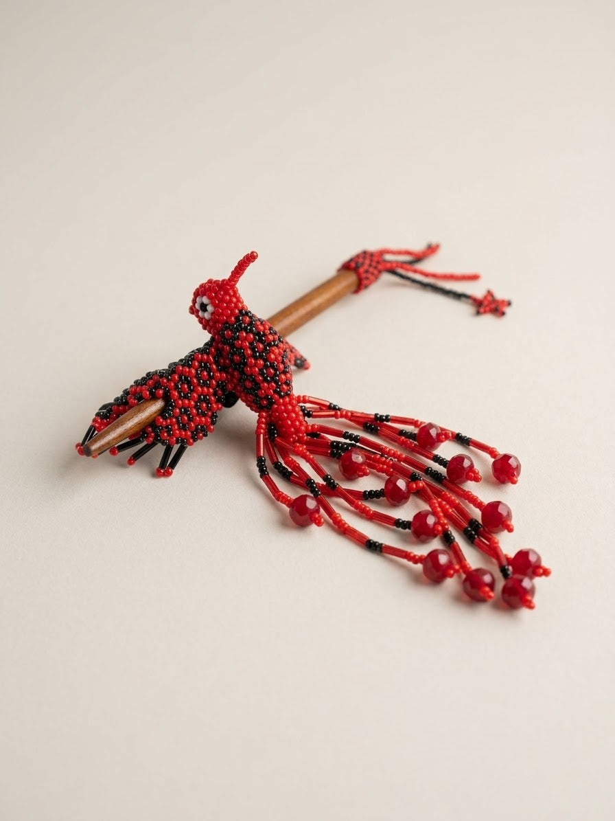 Red &amp; Black Hummingbird Beaded Hair Stick
