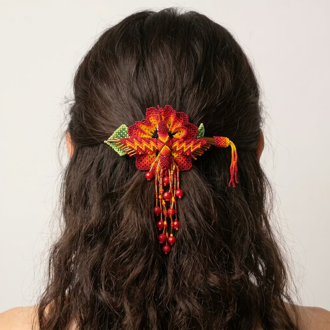 Maple Blossom Hummingbird Beaded Hair Stick Barrette Red