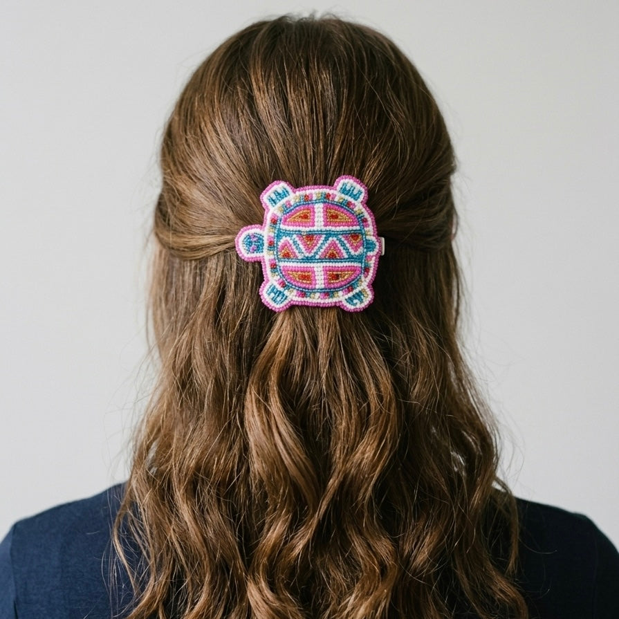 OLDTRIBES Beaded turtle Barrette pink accent