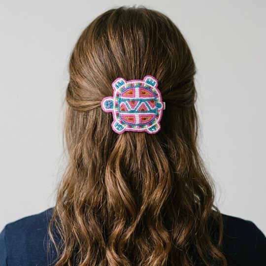 Beaded turtle Barrette pink accent