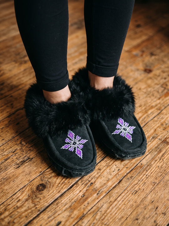 Black Moccasins with Beadwork (Size 8)