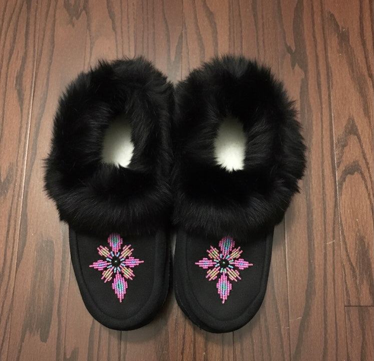 Black  Moccasins with Beadwork (Size 9)
