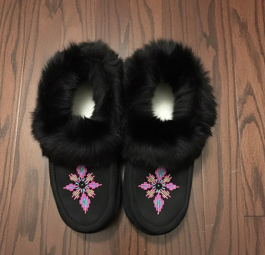 Black  Moccasins with Beadwork (Size 9)