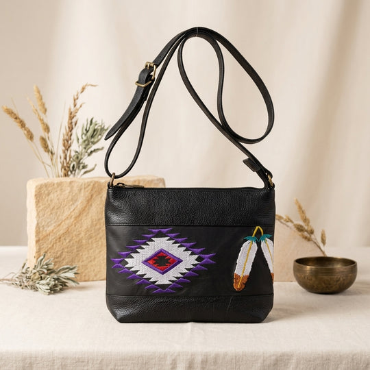 Feather Embroidered Leather Crossbody Bag