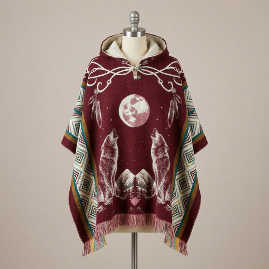 Howling wolf HandMade Wool Poncho