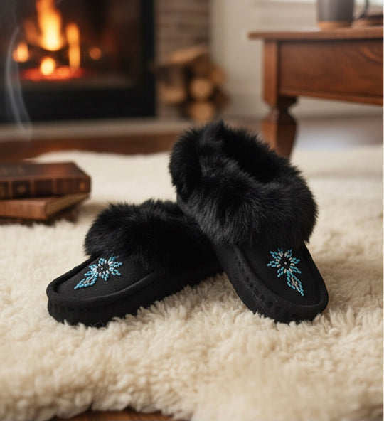 Black Moccasins with Turquoise Beadwork (Size 7)