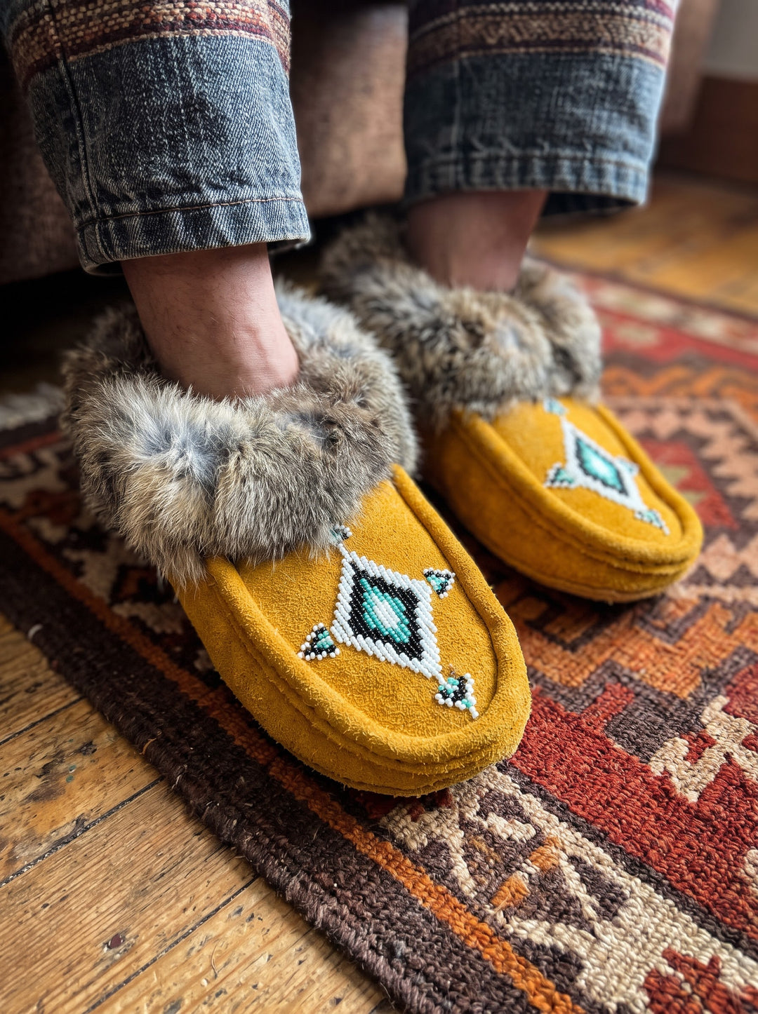 Yellow Moccasins with Beadwork (Size 8)