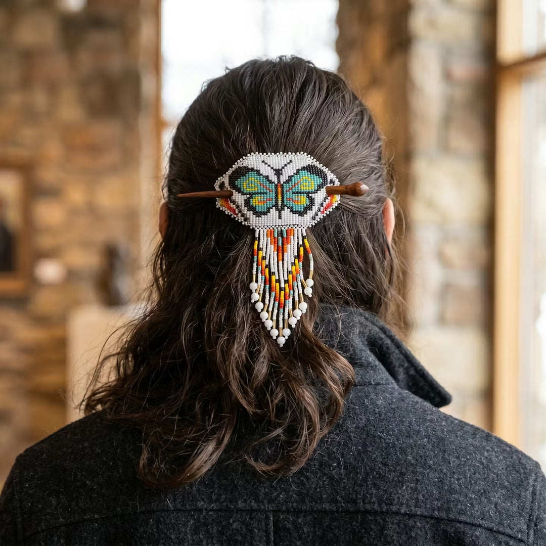 Butterfly Fringed Beaded Barrette & Wooden Stick