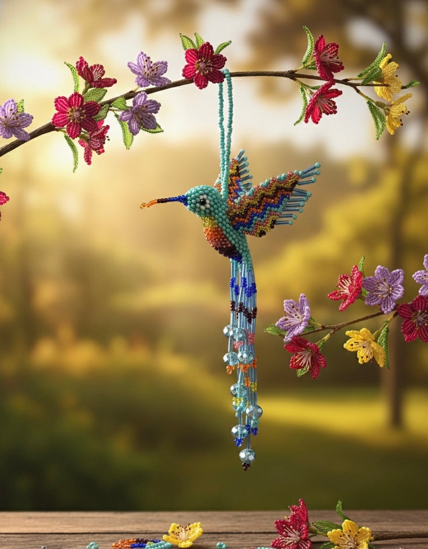 Turquoise and Neon Green Beaded HummingBird